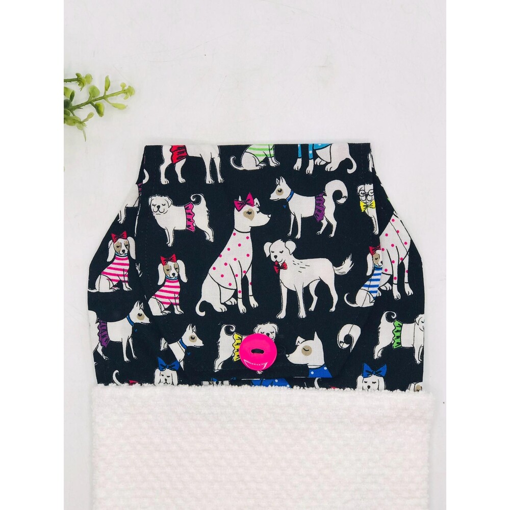 Hanging Kitchen Towel: Delightful Dogs Topper, Button Closure Black Pink Green